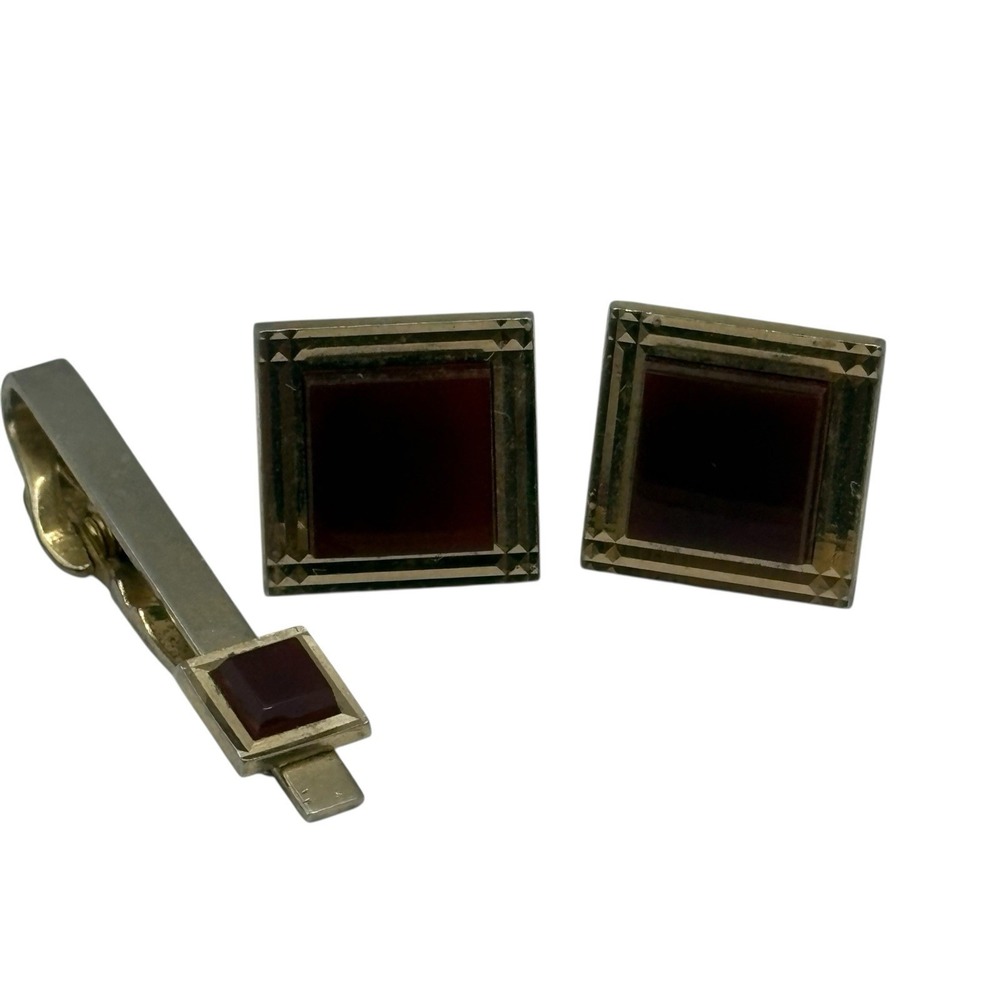 Swank Cufflinks And Tie Clip Red Accent Center Gold Tone Vintage Square Textured - Picture 2 of 13